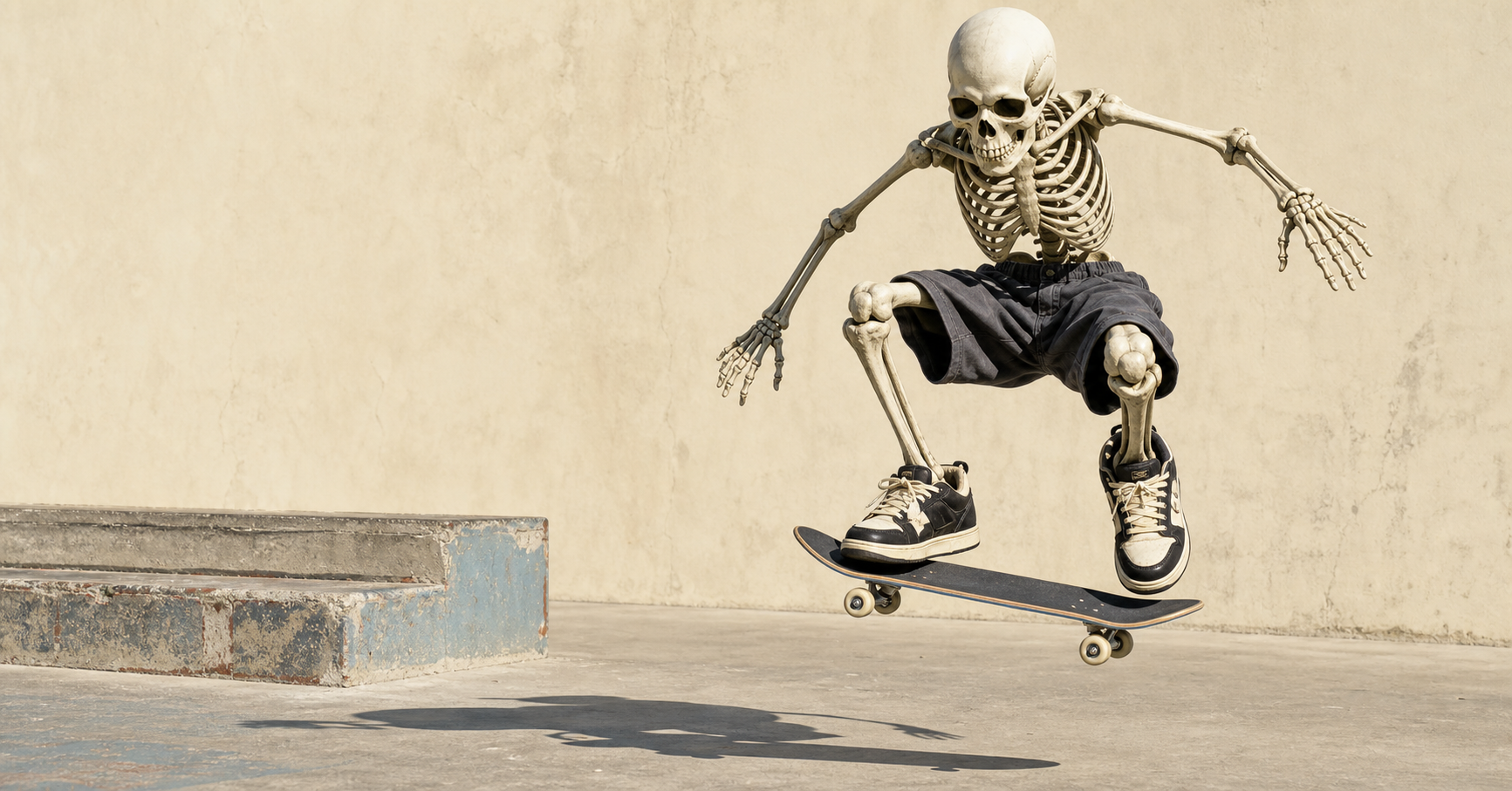 Skeleton in black skate shoes landing an ollie at a concrete skate plaza