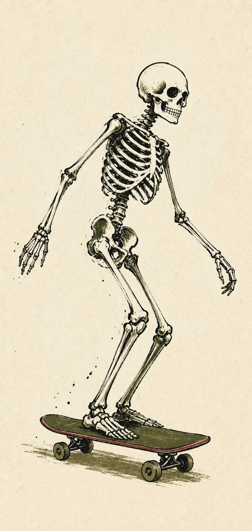 Editorial ink illustration of a skeleton riding a skateboard